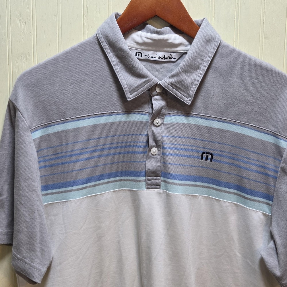 TravisMathew Polo Shirt Mens Large White Gray Stripe Pima Cotton Casual Golf